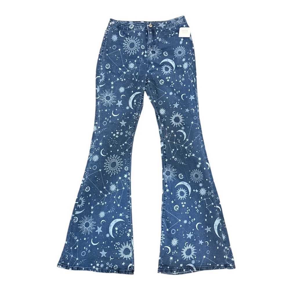 The House of Gentry Whimsy Gothic Celestial Print Denim Bell Bottoms SIze L NWT